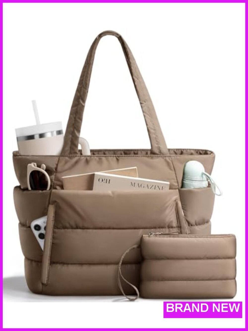 Lightweight Puffer Tote Bag with Laptop Sleeve, Quilted Shoulder Bag Work Travel